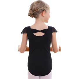 MdnMd Black Gymnastic Ballet Dance Leotard for Girls Children Bodysuit Outfit Bow Back Ruffle Sleeve (Black, Age 10-12)
