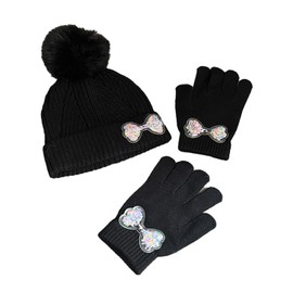 QKURT Girls Beanie Winter Hat and Mittens Set, Warm Accessories Set Toddler Knitted Cold Weather Set Kids Thermal Hat and Gloves Set