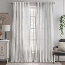 jinchan Linen Blend Curtains 96 Inches Long Blue Striped Curtains for Living Room Farmhouse French Country Light Filtering Curtains Rod Pocket Curtains for Bedroom 2 Panel Sets