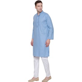 Men's Long Kurta Indian Clothes Cotton Dress Embroidered Casual Wear (Sky Blue, L)