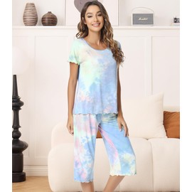 NACHILA Pajamas for Women-Viscose Made from Bamboo,Short Sleeve Sleepwear Cooling Pjs Top with Capri Pants Pajama Sets S-4X Ink Blue-White Flowers X-Large