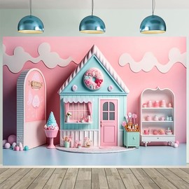 Pink Ice Cream Shop Candy House Background for Photoshoot Girl Birthday Party Decoration Children Happy First 1st Birthday Party Backdrop Summer Candy House Baby Shower Backdrop (7X5FT)