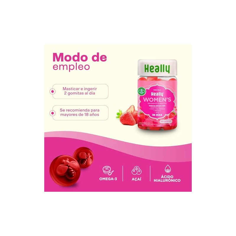 Multivitamínico Mujer Ácido Hialurónico Omega Vitaminas Gomitas Sabor Fresa Granada