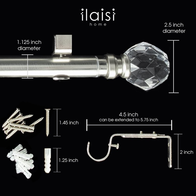 ILAISIHOME Luxury Silver Decorative Single Curtain Rod Set with Crystal-clear