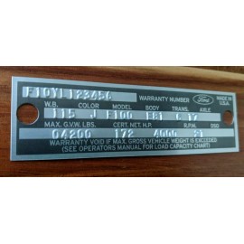 Ford New 1966 1967 Ford Warranty Body ID Number Plate Data Door Tag F100 Bronco F250