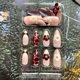 Spring Press on Nails Almond Fake Nails French Tip False Nails with Brown Blossoms Leopard Print Designs Flower Glue on Nails Spring Stick on Nails Full Cover Cute Acrylic Nails Matte Artificial Nails