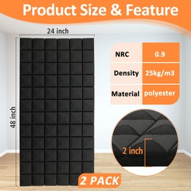 HUIDNAI 2 Pack Acoustic Panels 48"x24"x2" Sound Proof Foam Panels, High Density and Fire Resistant Sound Panels, Studio Foam for Wall and Ceiling - Home Studio, Office (2 Pack Black, 48X24X2 Inch)