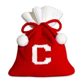 Blinket Christmas Knit Drawstring Gift Bag Xmas Red and White Santa Sack with Alphabet Letter Design Reusable Wrapping Bag for Xmas Candy Goodie Party Favor 6.5 x 5.1 Inch Letter C