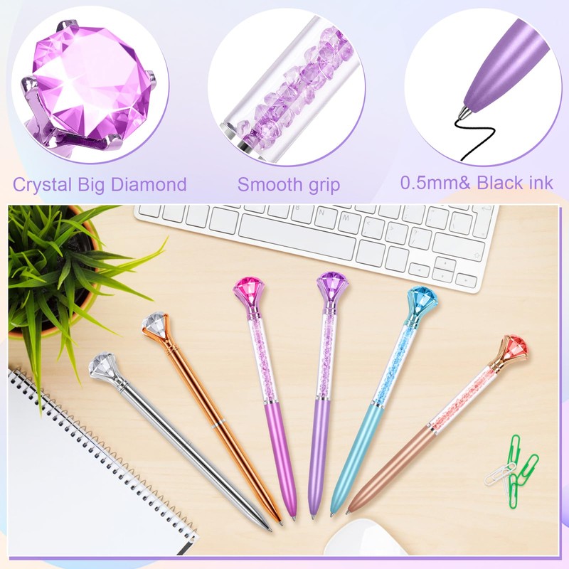6 Diamond Pens with Crystal Top, Bulk with Black Ink