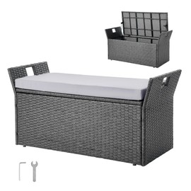 VEVOR Outdoor Storage Bench, 2-Person PE Rattan Storage Bench, 40 Gal Deck Box with Cushion & Side Handle, Supports up to 400 lbs, Weatherproof Outdoor Seating & Porch Decor for Patio Garden Balcony