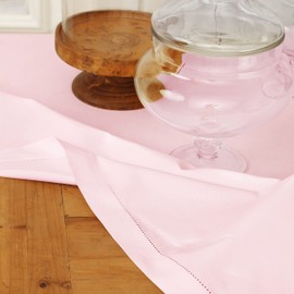 Solino Home Pink Tablecloth 58 x 84 Inch - Cotton Linen Hemstitch Rectangular Tablecloth - Machine Washable Table Cloth for Valentines, Spring, Easter