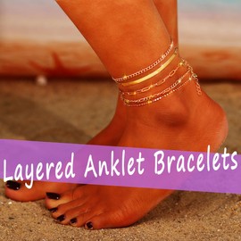 Ursumy Gold Ankle Layered Anklet Bracelets Adjustable Anklets Set Boho Bead Anklet Cross Ankle Chain for Women (Gold-4)