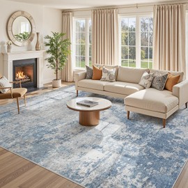 8x10 Washable Living Room Rug: Non-Slip Modern Abstract Area Rug for Bedroom Dining Room, Soft Low Pile Carpet Suitable for Families with Children, Blue/Grey