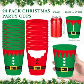 Nuenen 24 Pcs Reusable Christmas Cups 16 oz Merry Christmas Plastic Cups Xmas Santa Elf Cups for Hot Chocolate Coffee Beer Ice Cream Winter Xmas Party Tableware Supplies