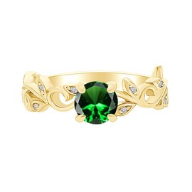 AFFY Round Simulated Emerald 14k Yellow Gold Over Sterling Silver Leaf Filigree Engagement Ring