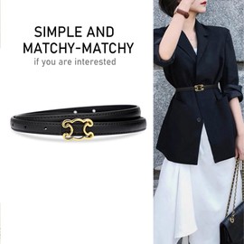 AOWVUTS Damen Skinny Ledergürtel Mode Schmaler Taillengürtel Retro Verstellbarer Dünner Ledergürtel Schwr Dekorativen Gürtel mit Aushöhlen Goldener Schnalle für Frauen Kleid Jeans Hosen Mantel (110CM)