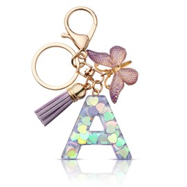 CHUQING Keyring with Letter Girl Keyring Initial Letter Gift Women Key Ring Butterfly Purple, Lila-a