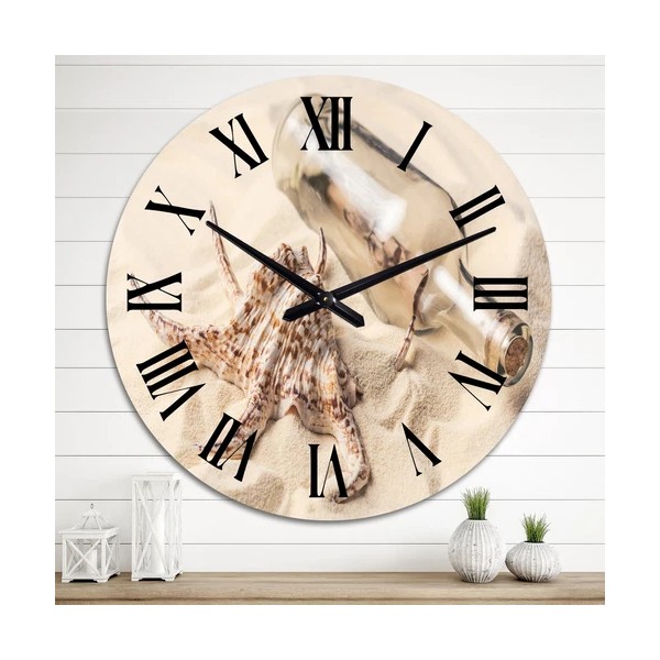 Designart 'Seashell And Bottle With Letter On Sandy Beach'