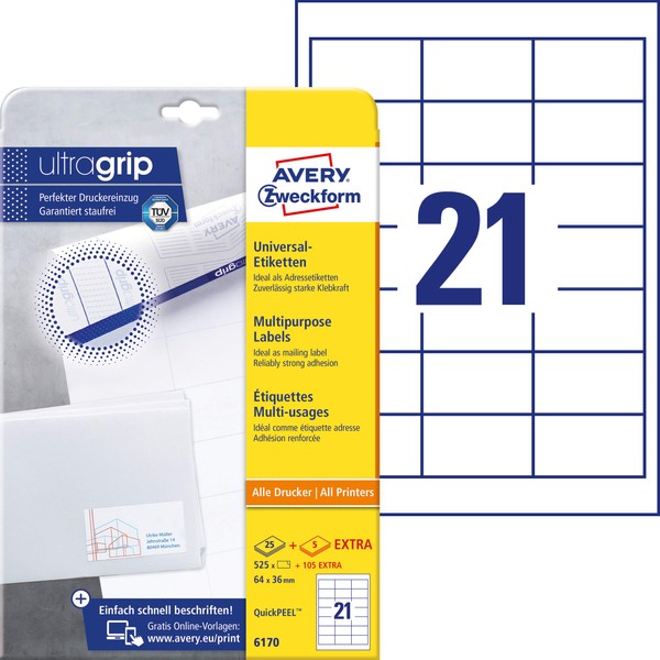 Avery Zweckform 6170 Labels 64 x 36 mm Quick-Peel 25 Sheets