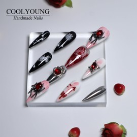 COOLYOUNG Anime Press On Nails, Red And Black Press On Nails, Forgotten, Nail Press Ons, 10 Pieces Girls Press On Nails with 1 Gift Box, 1 Storage Bag and Gel Nail Kit