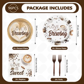 Grencian Love is Brewing Bridal Shower Decorations - 96Pcs Coffee Themed Bridal Shower Love is Brewing Plates and Napkins Disposable Tableware for Girls Wedding Engagement Party Decorations Serve 24