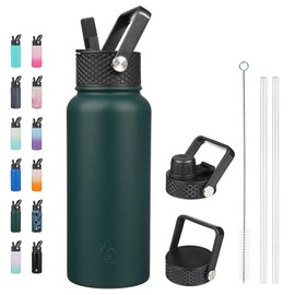 BJPKPK Insulated Water Bottles with Straw Lid, 32oz Metal Large Water Bottle with 3 Lids, Reusable Leak Proof BPA Free Thermo, Stainless Steel Tumblers for Sports, Gym, Travel-Army Green