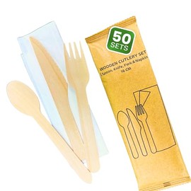 DISPOSABLE GREEN® | Individual Wrapped Wooden Compostable Cutlery Set, Each Set Includes 16cm Long Fork, Knife, Spoon and a Napkin- 50 Sets
