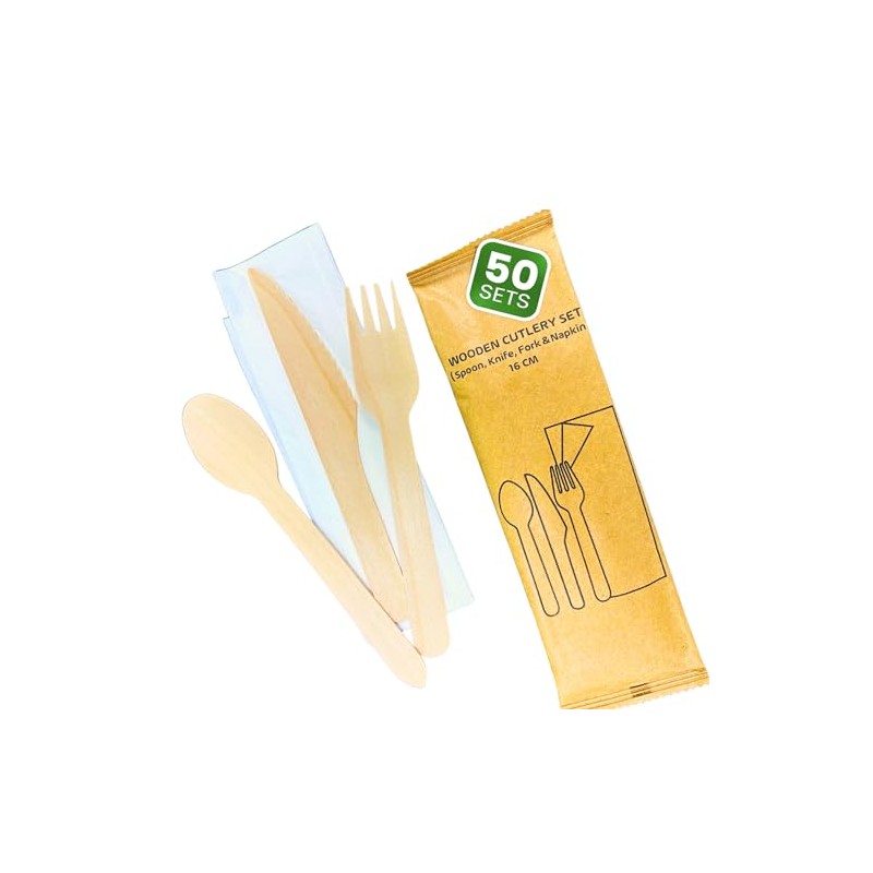 DISPOSABLE GREEN® | Individual Wrapped Wooden Compostable Cutlery Set, Each