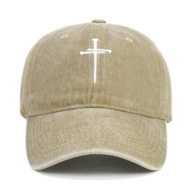 Vintage Washed Baseball Cap Embroidered Cross Nails Design Adjustable Dad Hat Cotton Breathable Unisex Sun Protection for Outdoor & Casual Wear Khaki