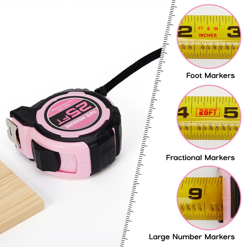 2 Pcs Tape Measure Pink,25FT Dual Lock, Fraction Marking