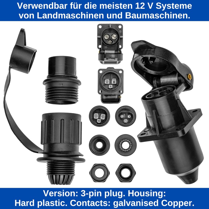 3-Pin Plug and Socket Set, Hard Plastic Housing, 3-Pin Plug