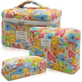 3pc Makeup Bag Set, Quilted Makeup Bag Set, Large Floral Cosmetic Bag for Women, Cute Cotton Makeup Bags, Flower Travel Toiletry Organizer Bag (Heart Shape)