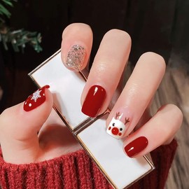 Carufin 24Pcs Christmas Tree Love Short Fake Nails Pearl Flowers Dog Rabbit Acrylic False Nails Press on Nails for Women Girls (D)