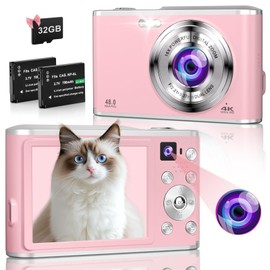 Digital Camera, 4K Dual Camera Auto Focus Portable Compact Camera with 32G SD Card, FHD 48MP with 2.8 Inch Large Screen, 16X Digital Zoom Photo Camera for Children, Teenagers, Beginners, Pink