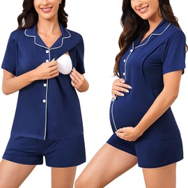 SWOMOG Womens Maternity Nursing Pajama Sets Breastfeeding Sleepwear Postpartum Lounge Sets Double Layer Short Sleeve Top & Shorts Button Down Pjs Navy Blue