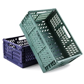 Spesh Pack of 2 Folding Crates, Plastic Folding Basket, Foldable Storage Basket, Sturdy Folding Boxes for Kitchen, Bedroom, Study (Blue + Dark Green, 30 x 20 x 12 cm)