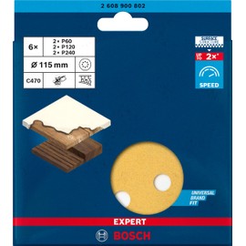 Bosch 6 x Accessories Professional Expert C470 8 Hole Sandpaper Sets (for Hardwood, Paint on Wood, 115mm, 60 120 240 Grit, Random Orbital Sander Accessories)