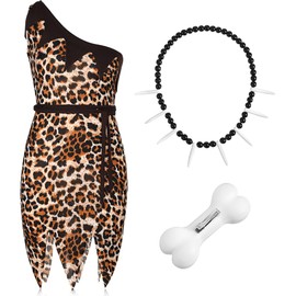 SATINIOR Women's Cavewoman Costume Bone Hair Clip Caveman Necklace Leopard Cave Woman Costume Accessories for Girls Cosplay(XX-Large)