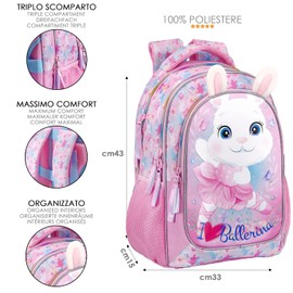 Julian Ross Ergonomic School Backpack for Children, 33 x 15 x 43 cm, 3 Compartments, Mesh for Water Bottle, Padded Straps, Handle, Lined Inner Compartment, Backpack Boys and Girls, Ballerina Bunny