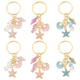 GOMAKERER 6 Pcs 3 Colors Ocean Theme Keychains, Alloy Enamel Pendant Keychain Seahorse Keychain with Iron Key Rings Starfish and Shell Shaped Keychain Set for Hanging Ornament