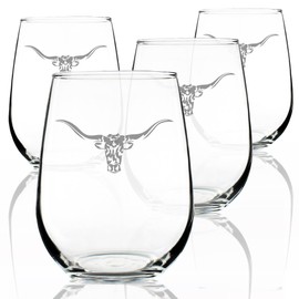 Longhorn - Stemless Wine Glasses - Set of 4 - Western Themed Farm Decor and Gifts for Texan Ranchers - Large 17 Ounce