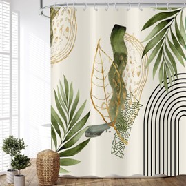 ASDCXZ Boho Leaves Shower Curtain 180 x 200 cm, Modern Abstract Art Boho Style Gold Green Leaves Line Bathroom Washable Shower Curtains Polyester Textile Waterproof Bath Curtain for Bathtub with 12