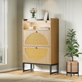 Vabches [Mother's Day] Vabches Shoe Cabinet with 2 Flip Drawers & Sensor Light for Entryway, Free Standing Shoe Racks Cabinet for Entryway, Home and Apartment - Color: Brown