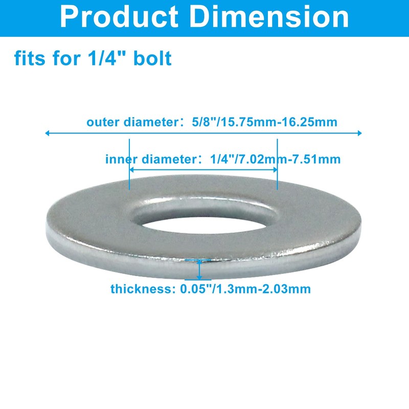 Luomorgo 1/4" Stainless Steel 304 Flat Washers, 5/8" Outside Diameter,
