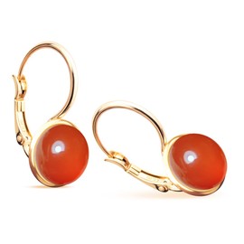 HQFJW Round Red Agate Stone Earrings,14K Yellow Gold Plated Dainty Genuine Real Gemstone Quartz Crystal Leverback Dangle Earrings Jewelry for Women (A04_Red Agate)