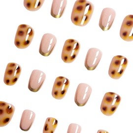 French Tip Press on Nails Short Oval Fake Nails Leopard False Nails with Flowing Gold Designs Elegant Amber Glossy Full Cover Winter Glue on Nails Stick on Nails for Girls Women 24 Pcs