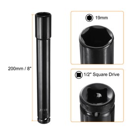 QUARKZMAN Deep Impact Socket 1/2 Inch Square Drive by 19 mm Metric 6 Point Socket 200 mm (8 Inch) Extra Long High Carbon Steel Flip Socket for Home Auto Hex Nuts Bolts Repair, Black
