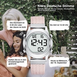 Hearkent Digital Talking Watch for Women with German Pleasant Voice LCD Large Numbers Watch for Visually Impaired, Elderly or Blind People, Pink, Classic