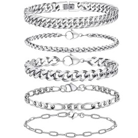 Cinsersr Pack of 5 Stainless Steel Bracelets, Stackable Men's Bracelets, Stainless Steel Bracelets for Men, Silver Jewellery, Men's Silver Bracelet, Suitable for Dad and Friend, Stainless Steel