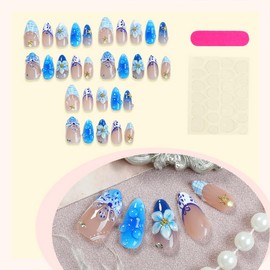 30Pcs French Tip Press on Nails Medium Almond Fake Nails Blue Flower False Nails with 3D Gold Silver Gems Water Ripple Design Handmade Glue on Nails Full Cover Artificial Stick on Nail for Women DIY